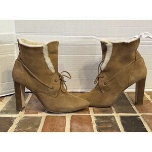 Manolo Blahnik Ostrava Camel Shearling Suede Ankle Boots High Heel Women's 11